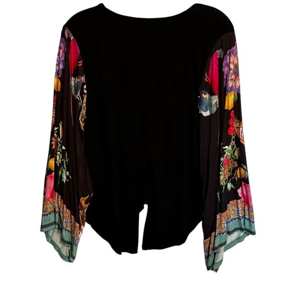 Desigual Eltsa Statement Sleeve Top Womens Medium Black Floral Birds Boho - Picture 4 of 10
